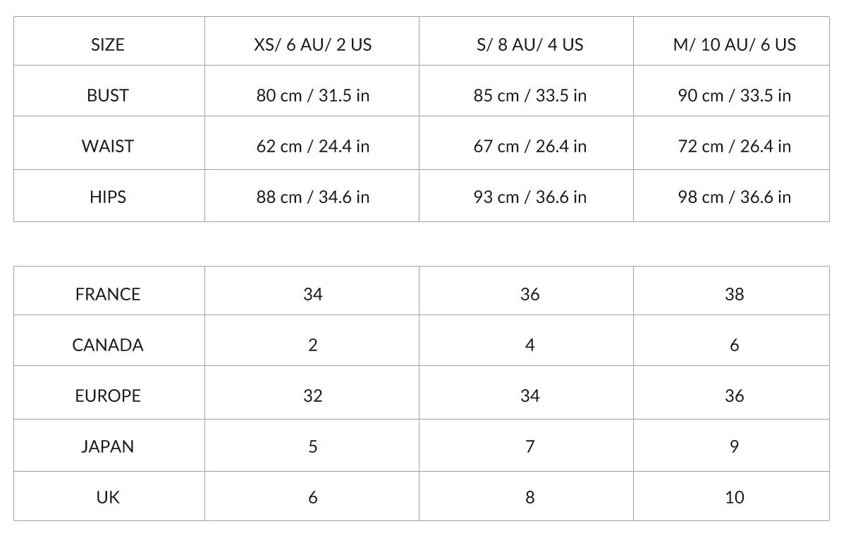 Size Chart Eurvin Swimwear Lovelings